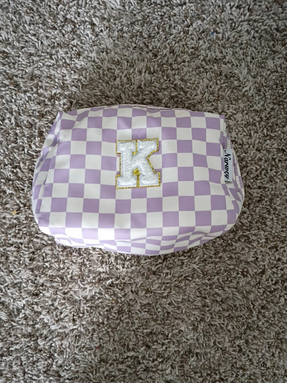 Amazon Lavender Checker Cosmetic Pouch with Gold-Trim 'K'